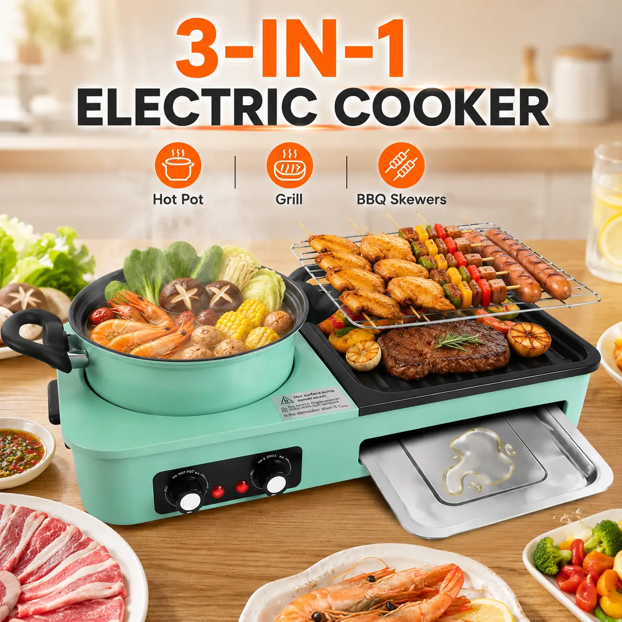 3-in-1 Electric Grill and Hot Pot, Smokeless Non-Stick Stainless Steel Cooker with 1600W Dual Temp Control, Detachable Design for Family Gatherings, Hot Pot Cooker, Multifunctional Hot Pot-5349