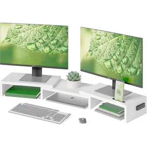 Dual Monitor Stand Riser with Smartphone Holder, Adjustable Length & Swivel Angle Wooden Desktop Organizer Stand PC Riser for PC Monitor Laptop Printer, White