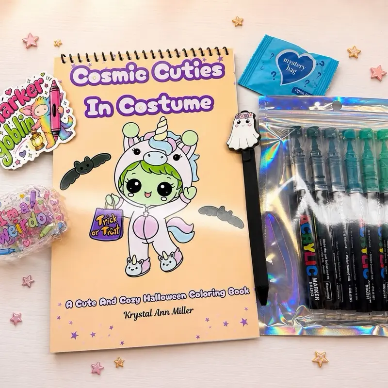 Cosmic Cuties in Costume Coloring Book Bundle | Cute Cozy Halloween Gift Set with Markers & Stickers