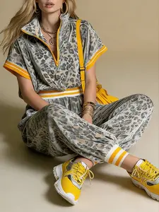 Leopard Print Casual Women's Short Sleeve Long Pants Set, Loose Fit Street Style, Perfect for Daily Wear, Womenswear