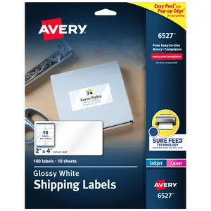 Avery Shipping Labels with Sure Feed and Easy Peel Technology, Glossy White Labels, 2" x 4", Permanent Adhesive, Laser/Inkjet, 100 Glossy Labels (6527)
