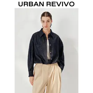 URBAN REVIVO Lady's Long-Sleeve Cropped Denim Shirt - 2025 Trendy Elegant Basic Top, Versatile Casual Blouse (UWM850211)