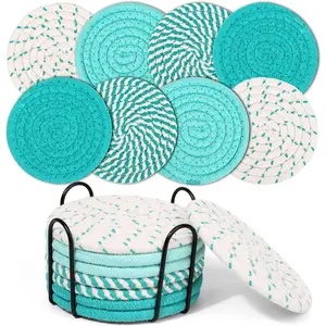 8 count Coasters for Drink with Holder, 4 Colors Absorbent Coasters for Drinks, Minimalist Cotton Woven Coaster Set for Home Decor Tabletop Protection Suitable for Kinds of Cups, 4.3 Inches.