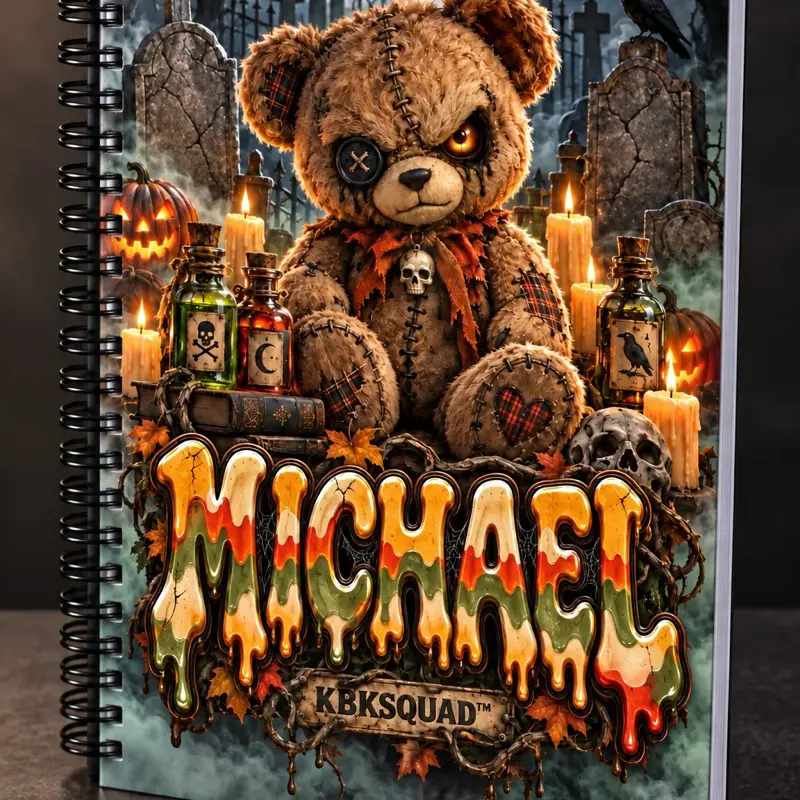 Personalized Haunted Teddy Bear Spiral Notebook, Custom Name Notebook - KBKSQUAD