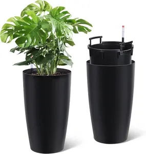 Self-Watering Tall Planters Set of 2 – 21.7" Black Plastic Flower Pots with Drainage, Water Level Gauge, Built-in Handle, Inner Bucket – Modern Indoor/Outdoor Planters