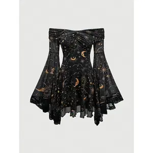 Elegant Gothic vintage star-and-moon print off-shoulder mesh A-line dress with flounce sleeves; women’s fashion long-sleeve party dress
