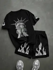 American High Street Liberty Print Set, Casual Loose-Fit Short Sleeve Top & Shorts, Trendy Streetwear Two-Piece