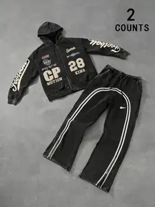 Men's 2-Piece Casual, Casual Outfit Set, Zip-Up Hoodie & Baggy Pants, Vintage Washed, Streetwear & Retro Sporty Style, Fall&winter