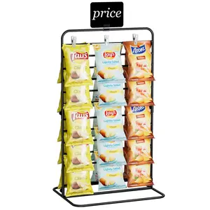 Chip Rack Display Stand, 11-Row Chip Bag Holder with 60 Clips, Potato Chip Rack Hanging Candy Display Organizer for Concession Stand, Retail, Party, Countertop with Display Label, Black