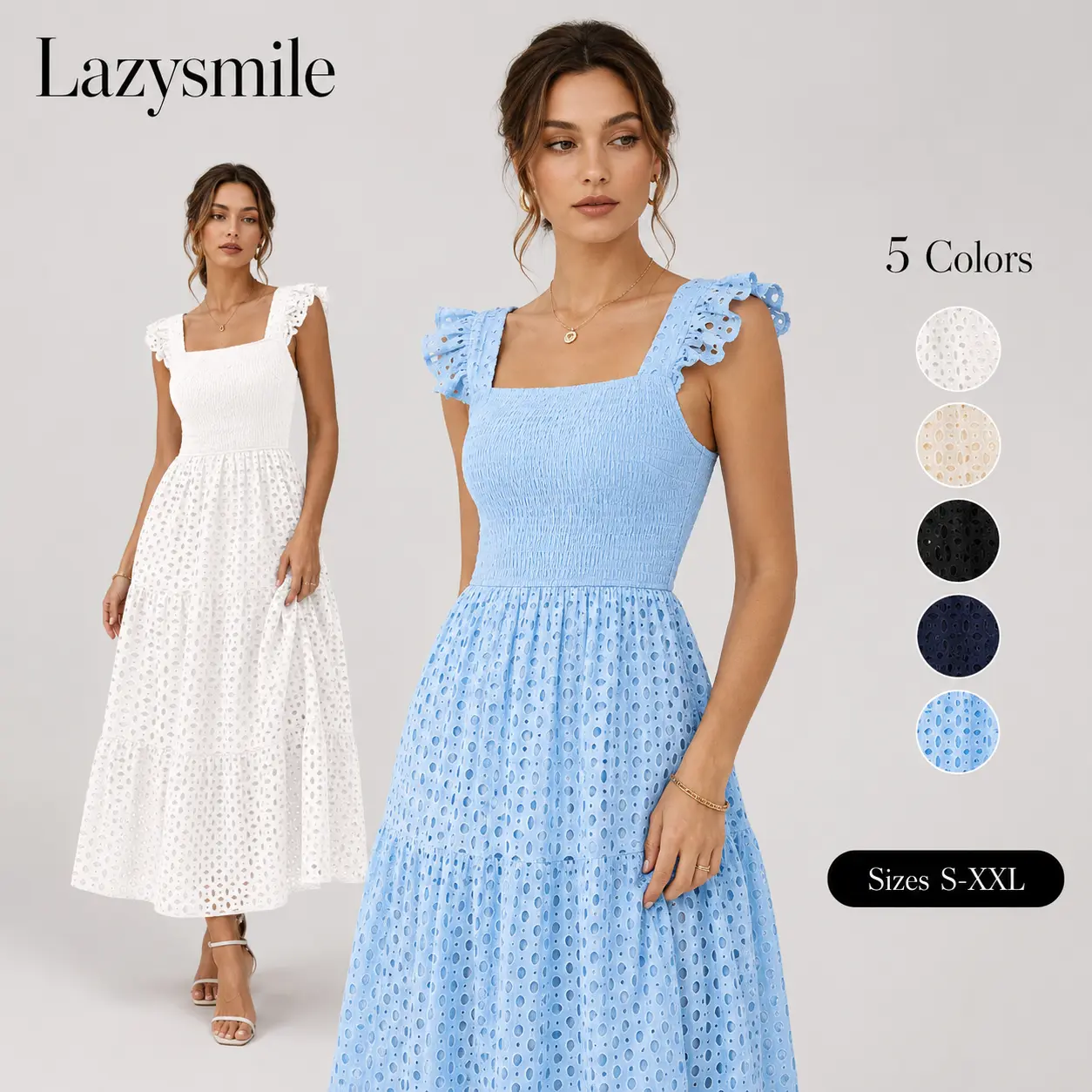 LAZYSMILE Women's Bohemian Eyelet Maxi Dress, Women's Plain Dress, Summer Clothes Women, CasualSleeveless Dress for Beach Holiday Vacation, Ladies SummerClothes