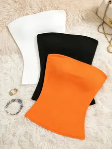 Women's Solid Color Strapless Crop Top Set, Slim Fit Sleeveless Short Vest, Casual Summer Basic Tank Tops, Three-Piece
