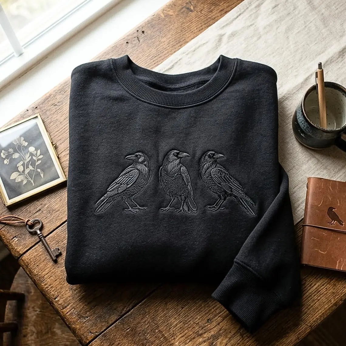 Embroidered Raven Sweatshirt: Unisex Cotton Blend Crewneck Pullover, Gothic Crow Shirt