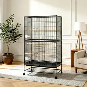 61" Bird Cage with Rolling Stand, Spacious Birdcage with Storage Shelf, Including Tray, 3 Perches and 4 Food Cups, Aviary for Parakeets, Macaws and Cockatoos