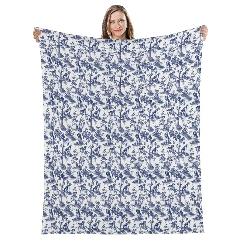 Beagle French Toile Blanket - Blue Toile de Jouy Cozy Throw Blanket for Beagle Mom, Chinoiserie French Country Gifts Dog Toile Plush Blanket