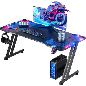 55 Inch Gaming Desk with LED Lights Carbon Fibre Surface Gaming Table Large Computer Desk Ergonomic Home Office Desks Z Shaped PC Gamer Workstations with Cup Holder & Headphone Hook Black  CoolGaming Table