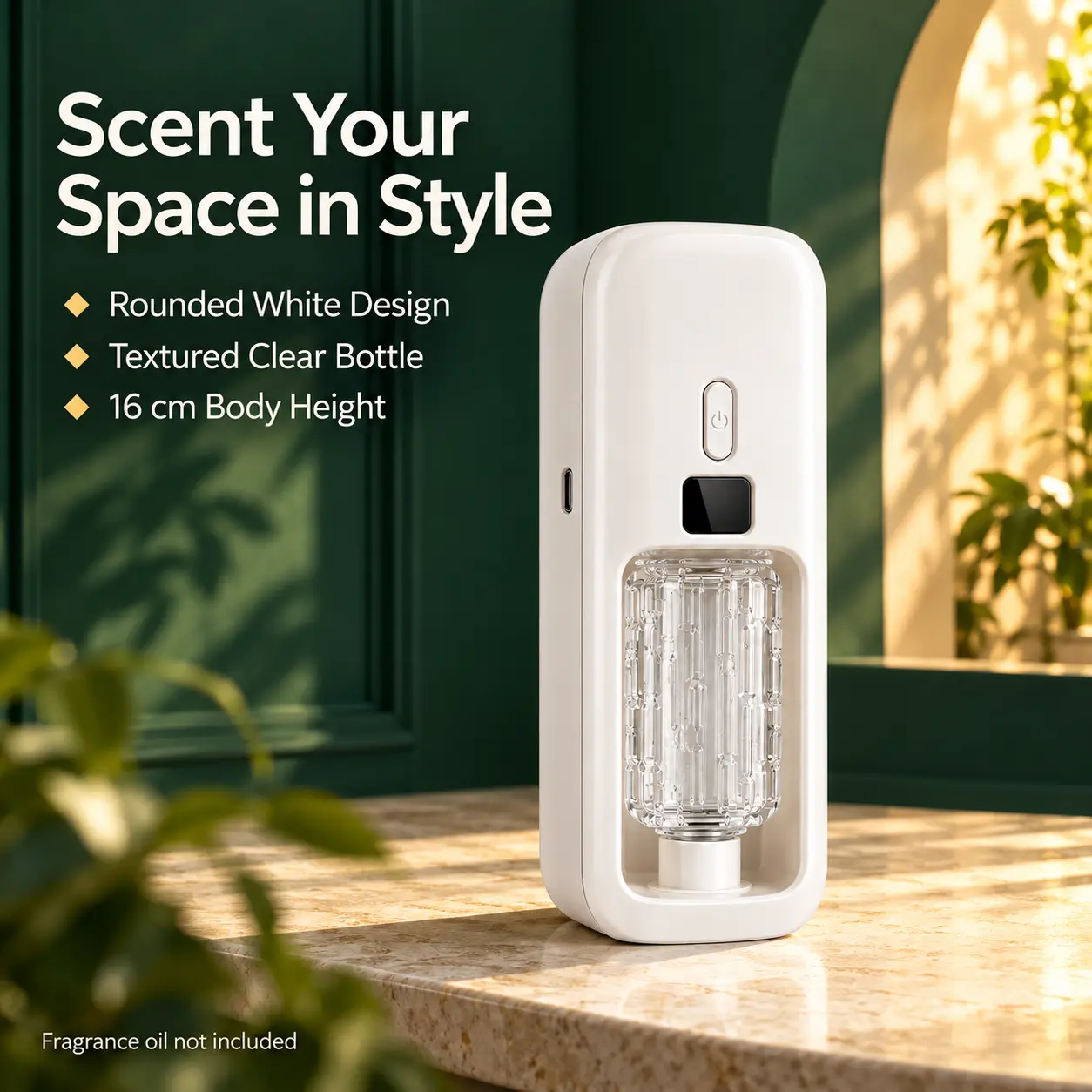 White Essential Oil Diffuser with Empty Bottle Desktop Fragrance Diffuser Compact Tabletop Scent Diffuser Home Office Bedroom Living Room Accessory
