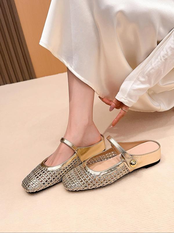 Women's Square Toe Woven Hollow Out Casual Flat Shoes, PU Leather Upper, Rubber Sole, Medium Width, All Season Fashion Sneakers