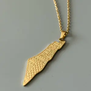 Palestine Map Necklace with Etched Palestinian Cities Design Gold Plated