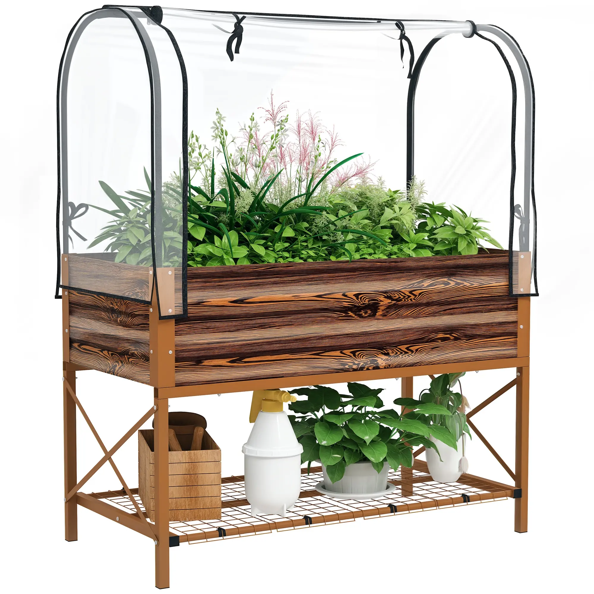 Raised Garden Bed with Cover – Metal Elevated Planter Box. Includes Greenhouse Cover with Roll-Up Door. 37 Gallon Capacity. Bottom Shelf for Storage. 30" Work Height – Less Bending