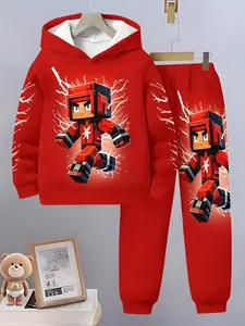 Minecraft Pixel Style Kids' Lightning Character Hoodie Sweatshirts Set, Casual Fitted Jogger Pants, Trendy Game Look, Fall & Winter Fashion