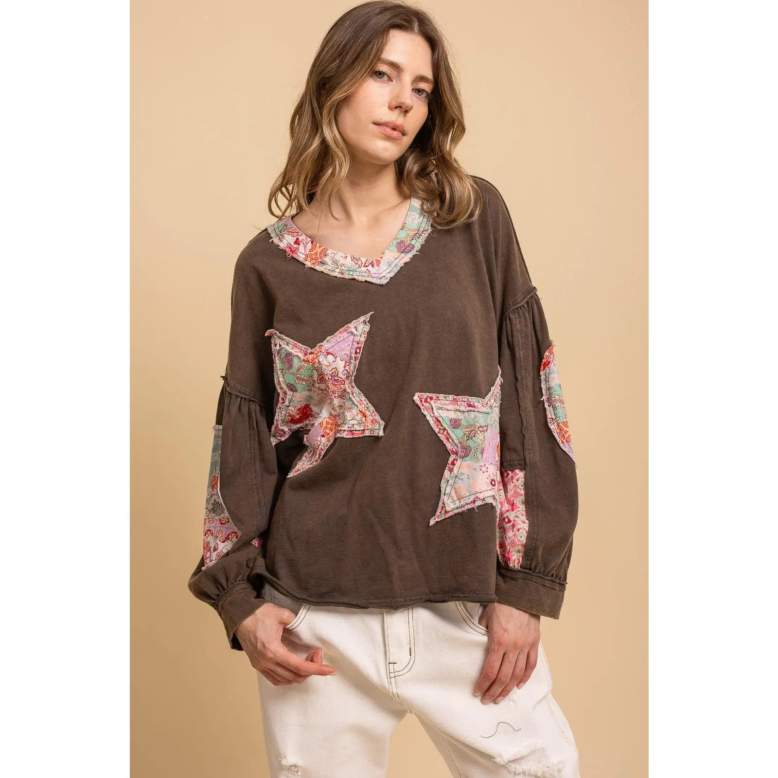 Patchwork Balloon Sleeve Top