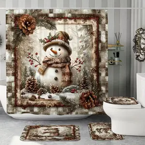 Christmas Design Snowman Pinecone Wintergreen Cute Vintage Shower Curtain Set, Bathroom Decoration Accessories, Non-Slip Mat, U-Shaped Rug, Toilet Lid Cover, Includes 12 Hooks