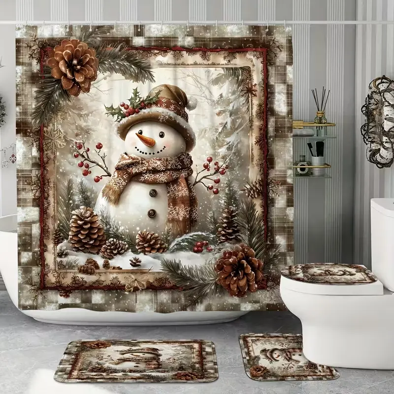 Christmas Design Snowman Pinecone Wintergreen Cute Vintage Decorative Shower Curtain Set For Bathroom, Bathroom Decoration Accessories, Non-Slip Mat, U-Shaped Rug, Toilet Lid Cover, Includes 12 Hooks