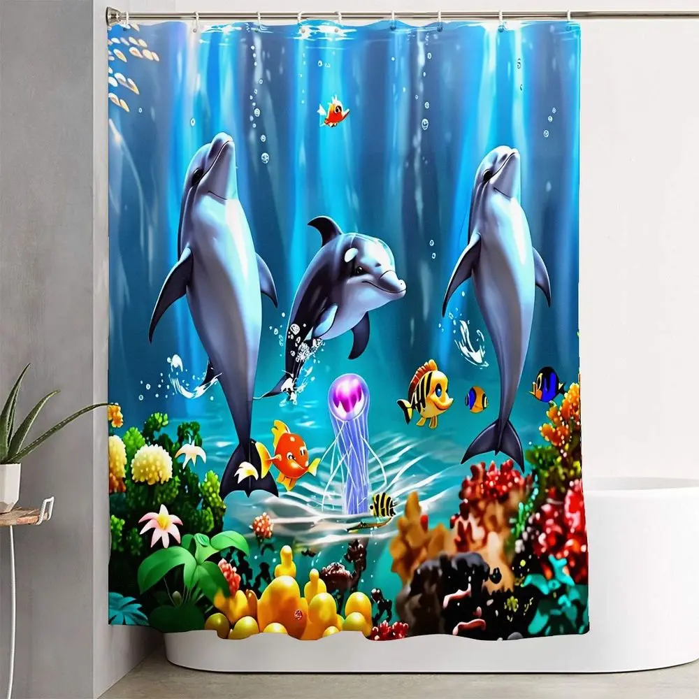 1/4pcs Dolphin Coral Reef Bathroom Set - Printed Decorative Shower Curtain Sets with Toilet Lid Cover & 2 Bath Mats, Colorful Underwater Scene with Dolphins, Fish, Perfect for Ocean Themed Bathroom Decor, Bathroom Decor And Accessories
