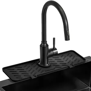 Silicone Sink Splash Guard Gen 2 - Slope Upgraded Faucet Mat, 15" x 5.5", Sink Gadgets-Splash Guard Behind Faucet Water Drip Catcher Mat for Kitchen, Bathroom, Sink Sponge Holder(Black)