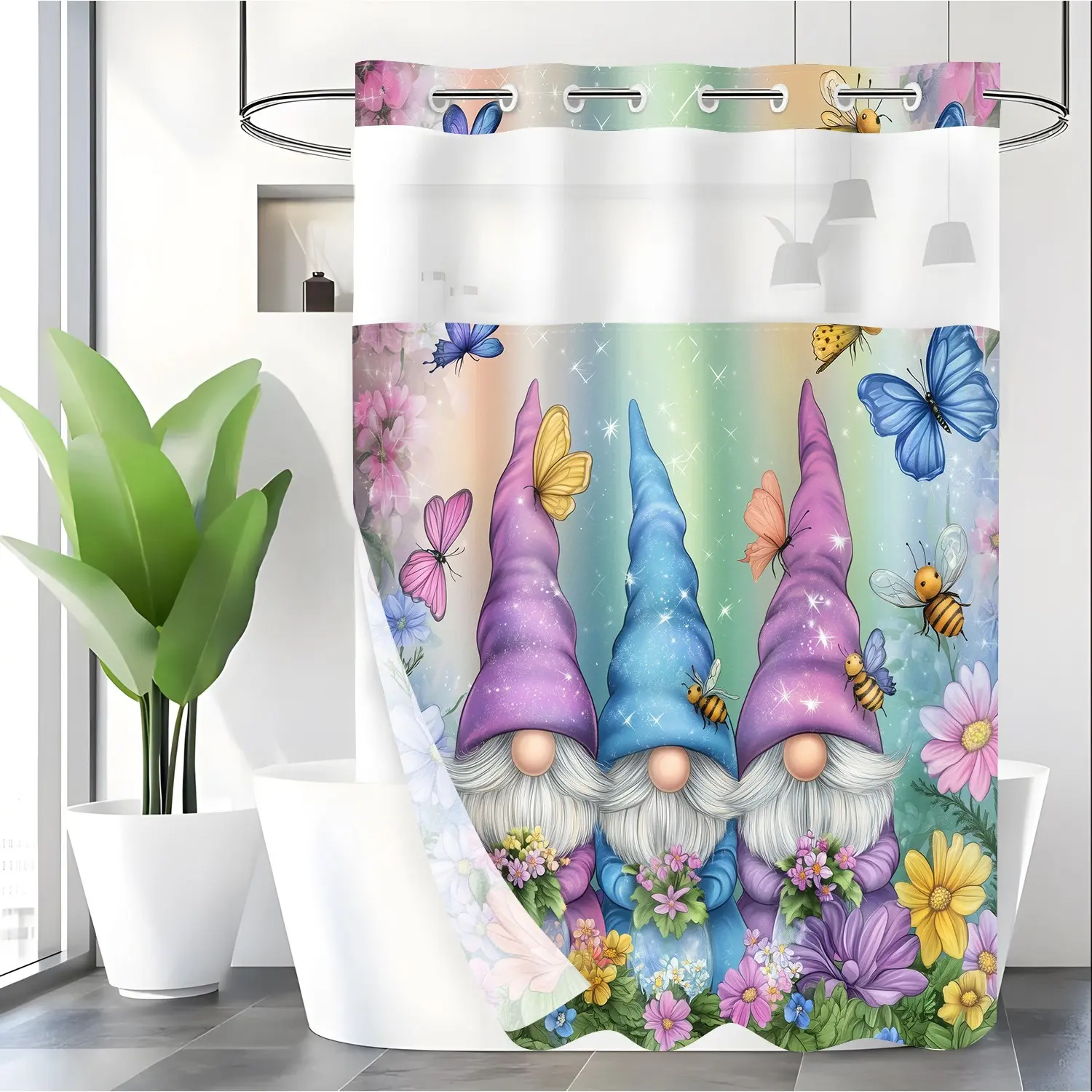 LVRLVR 1pc Whimsical Rainbow Gnome Floral Print Shower Curtain Set with Liner, Hookless C Rings, 70.8"x74" Double Layer Bathroom Curtain with Sheer Window