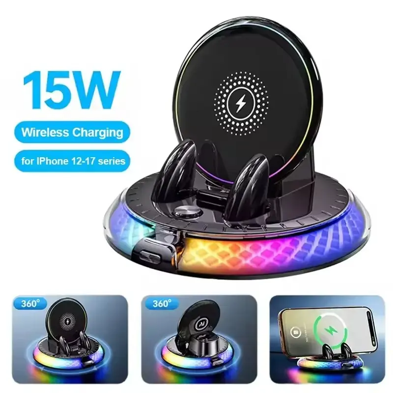 Auto‑Lock RGB Wireless Charger Car Phone Holder, Reusable Vacuum Suction Car Mount, 360 Rotation Hands Free for Driving, Universal Fit All Mobile Phones