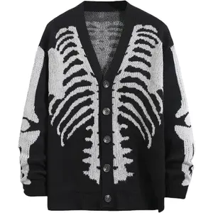 Men's Skeleton Pattern Cardigan Sweaters Long Sleeve Unisex Outwear Knitted Coats