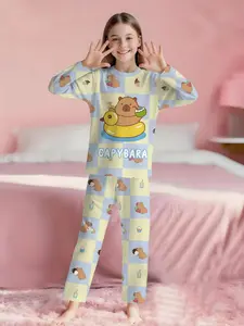Blue and yellow plaid inflatable ring capybara 2-piece set, girls' Cartoon print, digital printed long-sleeve pajamas with extended pants, made of flame-retardant fabric, a comfortable and soft pajama set, suitable for sleeping and hom