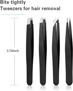 Premium Stainless Steel Tweezers Set for Facial Hair and Splinter Removal - Precision Eyebrow Tweezers Kit for Men and Women, 4-Piece (Black) Makeup Cosmetic