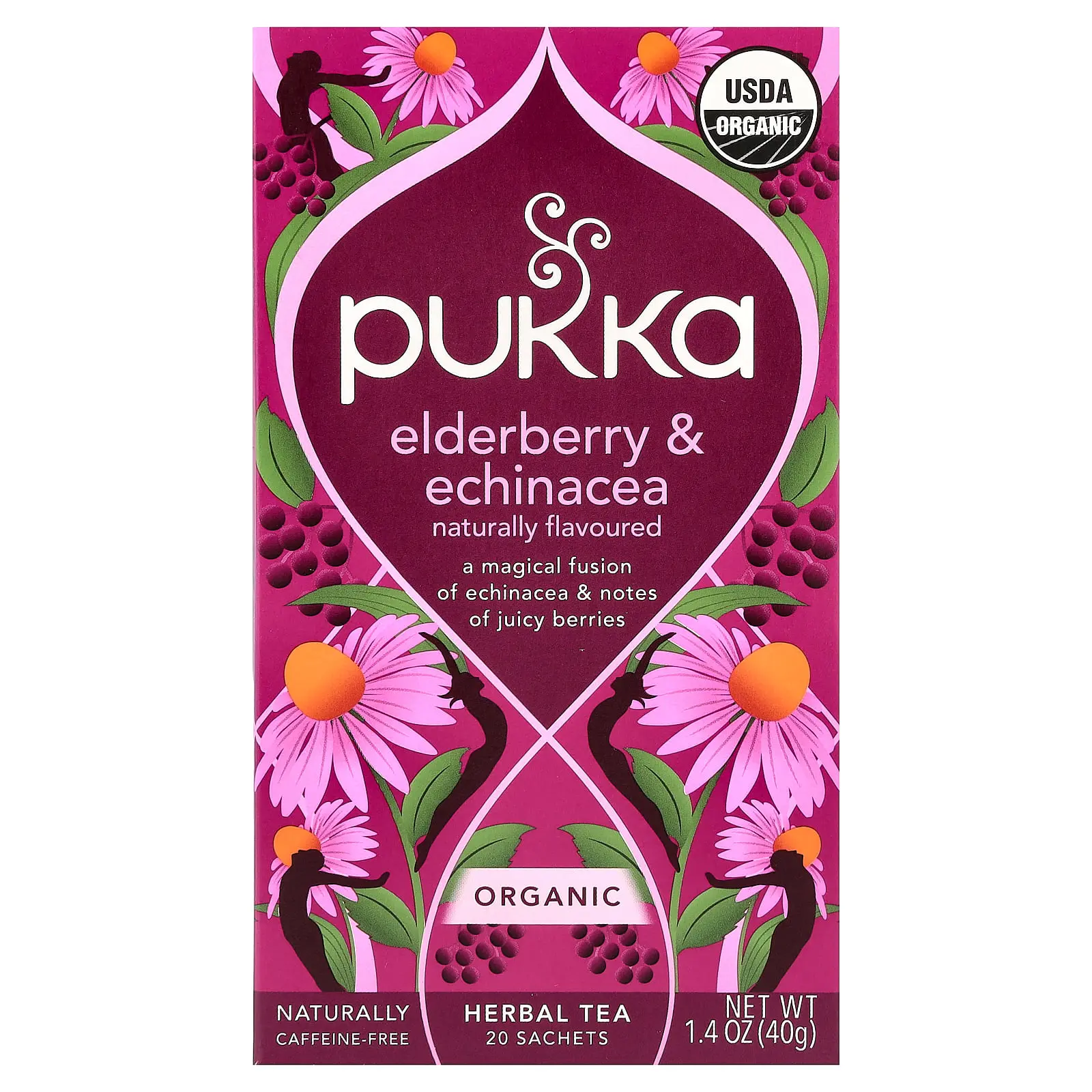 Pukka Herbs Organic Herbal Tea, Elderberry & Echinacea, Caffeine Free, 20 Sachets, 1.41 oz (40 g)