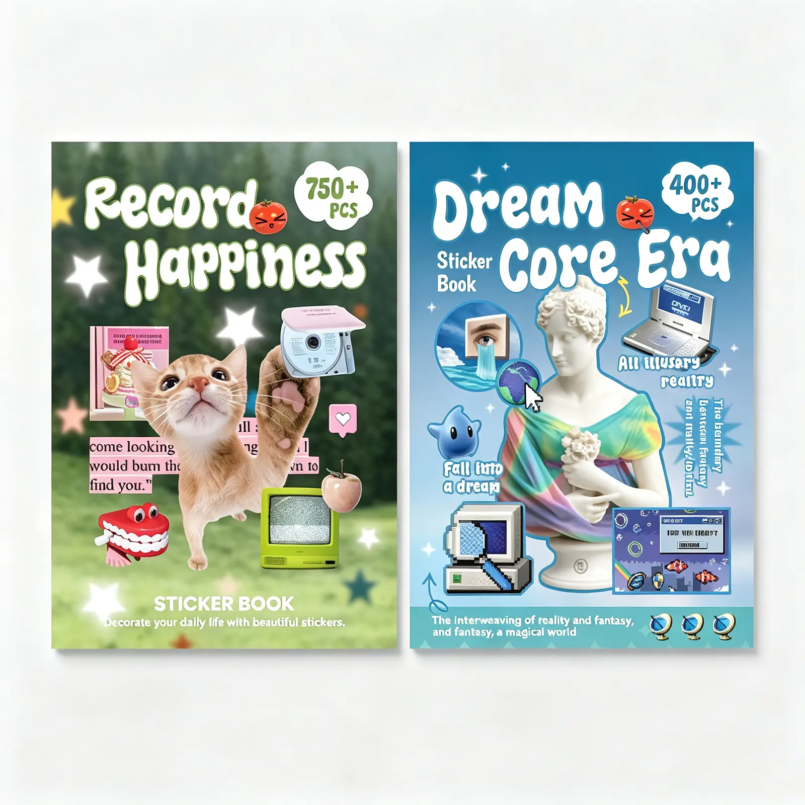 2 Style Aesthetics Dreamcore Sticker Books, Record Happiness & Japanese Stickers Book(30 Sheets)  for Journaling, Junk Journal Supplies, DIY Crats