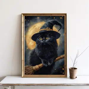 Black Cat Halloween Art, Cute Cat on Broom Wall Art, Witchy Cat Print, Halloween Wall Art, Spooky Decor Cat Print, Unframed