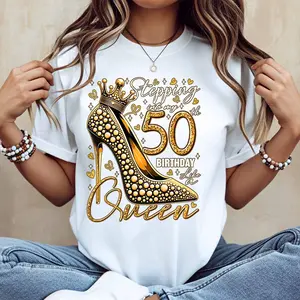 Stepping Into My 50th Birthday Like A Queen High Heel Crown Print V Neck T Shirt Dress White Casual Loose Fit For Everyday Wear And Leisure Activities