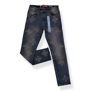 P553 - Cross Pattern Rhinestone Slim Straight-Fit Stretch Jeans