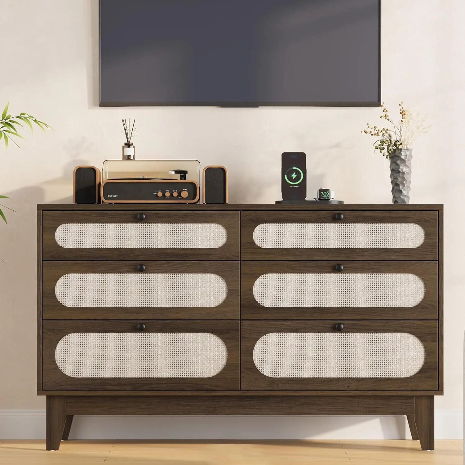 Gaomon 6-Drawer Rattan Chest - Bohemian Natural Rattan Storage Organizer with Built-In Charger (USB Charging Ports & Outlets), Brown Home Organizer for Bedroom, Living Room, Six Drawers