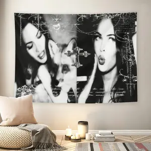 Me-gan Fox Gothic Cross Wall Flag, Black & White Print, Mid-century Modern Black Flash Manga Style, Y2K Grunge Aesthetic, For Adult Fans, Dark Academia Decor, Living Room, Bedroom, Emo Tapestry