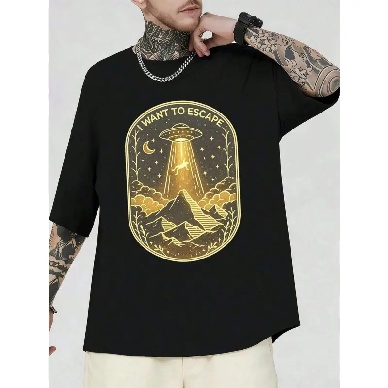 Men's Graphic Menswear Round Neck Pullover Sweater - Casual Streetwear Tops with UFO Alien Design, Loose Fit, Ribbed Cotton Blend Fabric, Long, Drop Shoulders, Sweatshirts, Ufo Alien Print, Urban Casual