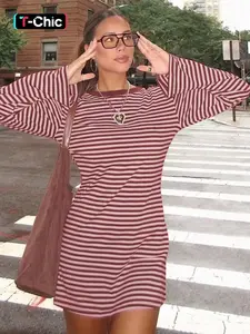 Women Spring Autumn Long Sleeve Round Neck Striped Bodycon Mini Casual Dress