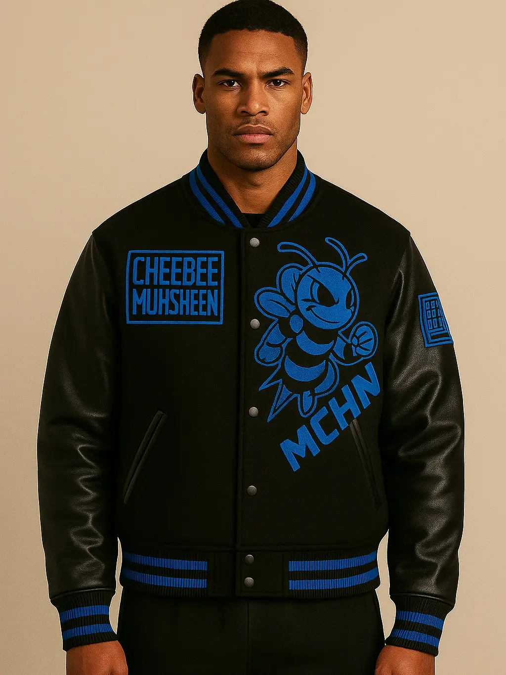 CheeBee Letterman Jacket Medium Size with Blue and Black Design Features CheeBee MuhSheen Logo Casual Leather Menswear Coats Stylish Tops
