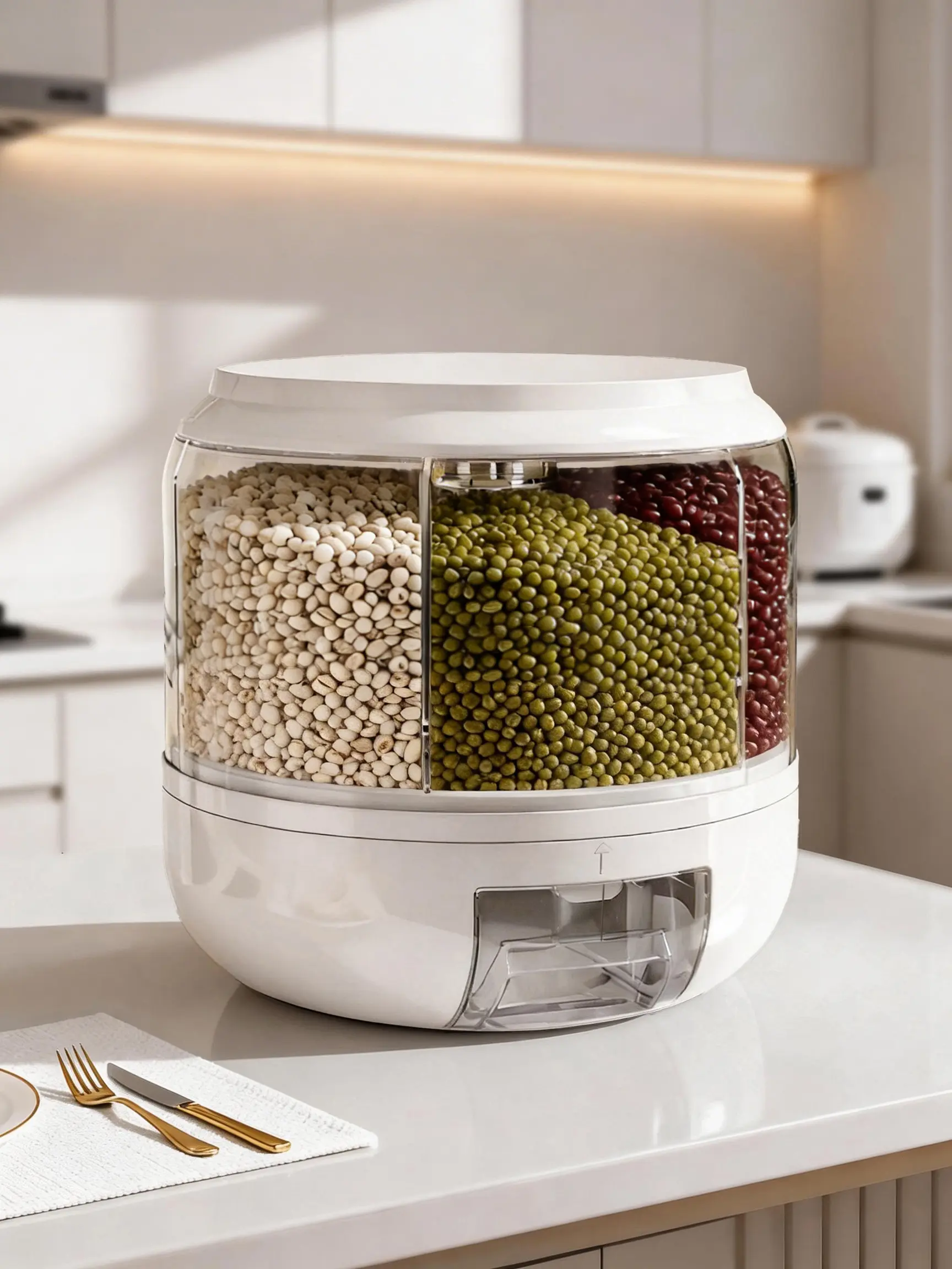 GHQ-Grid Rotating Plastic Rice Storage Container Dispenser - Airtight Food Organizer for Rice, Beans & Small Grains, 1-Click Output, Leak-Proof Kitchen Storage Organization Solution, Plastic Storage Container summerwins