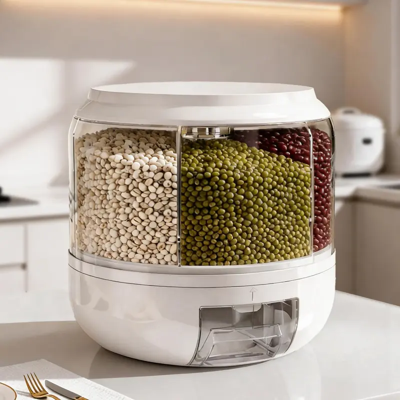 GHQ Plastic Grid Rotating Rice Dispenser - Airtight Leak Proof Dustproof Kitchen Utensils Food Storage Container with Lid, 1-Click Output for Rice/Beans, Single Non-Glass Unit for Mess-Less Pouring
