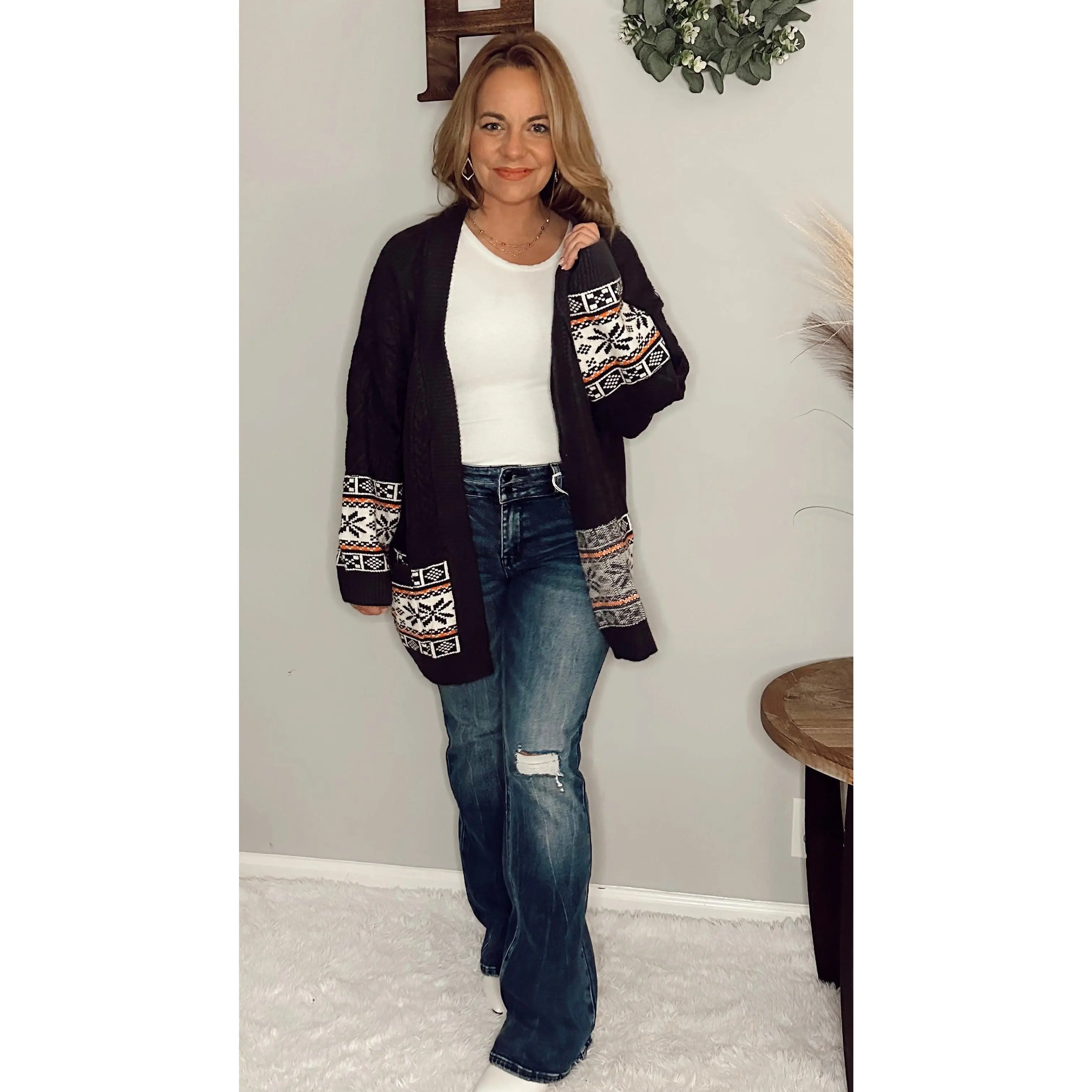 Gabriella Navy Cardigan with Geometric Modif for Women's Winter Fashion