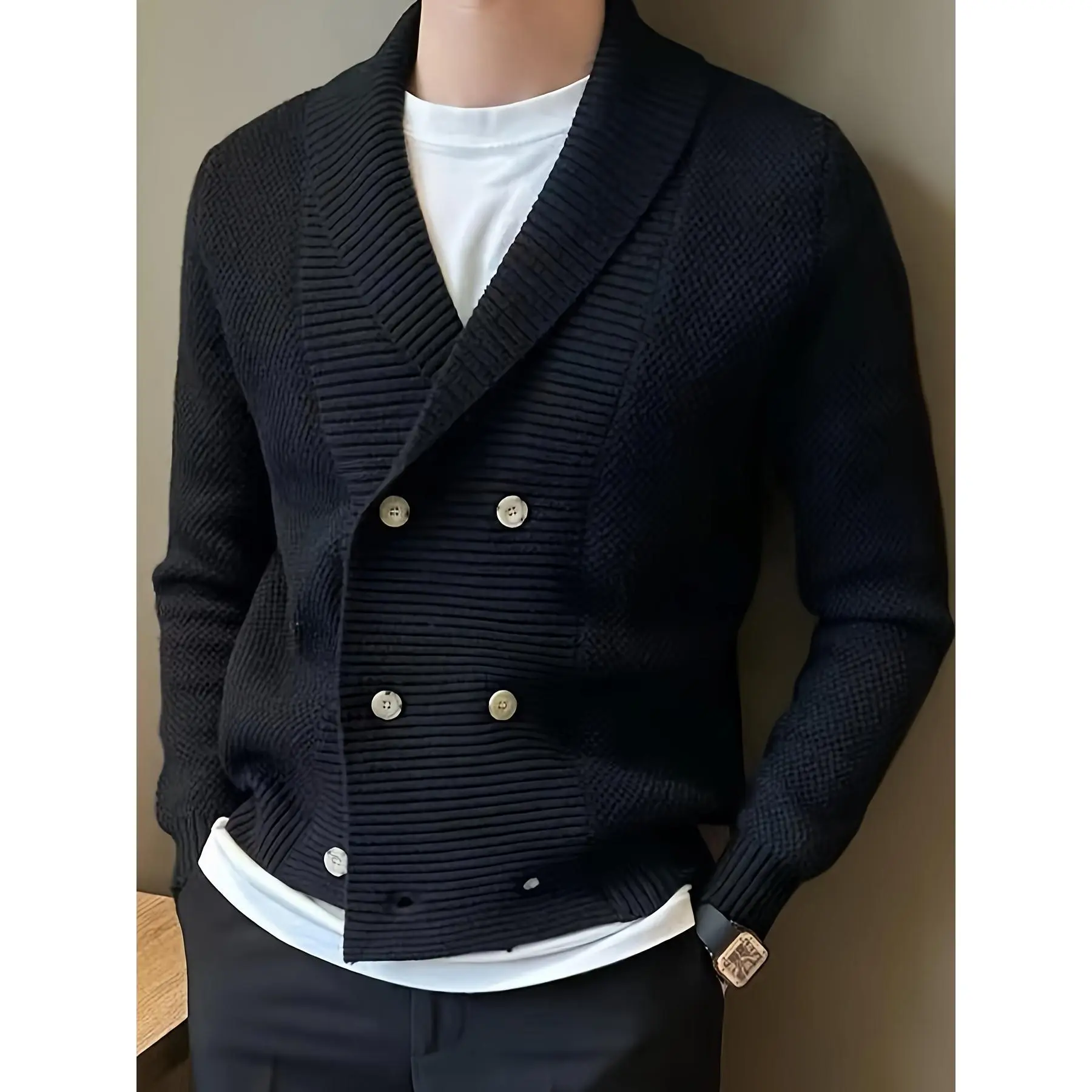 Men’s Shawl Collar Cardigan Sweater, Double Breasted Button Front Knit Jacket for Fall Winter, Smart Casual Work & Date Night Knitwear Classic