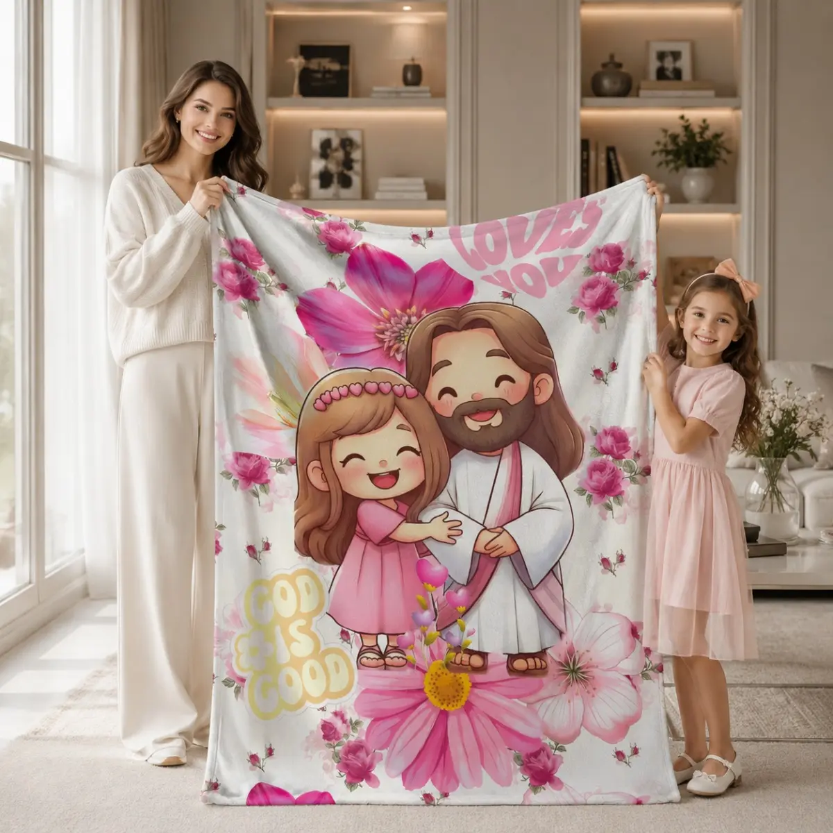 Cartoon Faith and Love Printed Flannel Blanket - Floral Pink Heart, Cute Hugging Girl Design, Ultra Soft Lightweight Breathable Cozy Soft Throw, Decorative Blanket for Bedroom Home Decor Items, Church Gifts, Breathable Cozy Blanket, Decorative Blankets