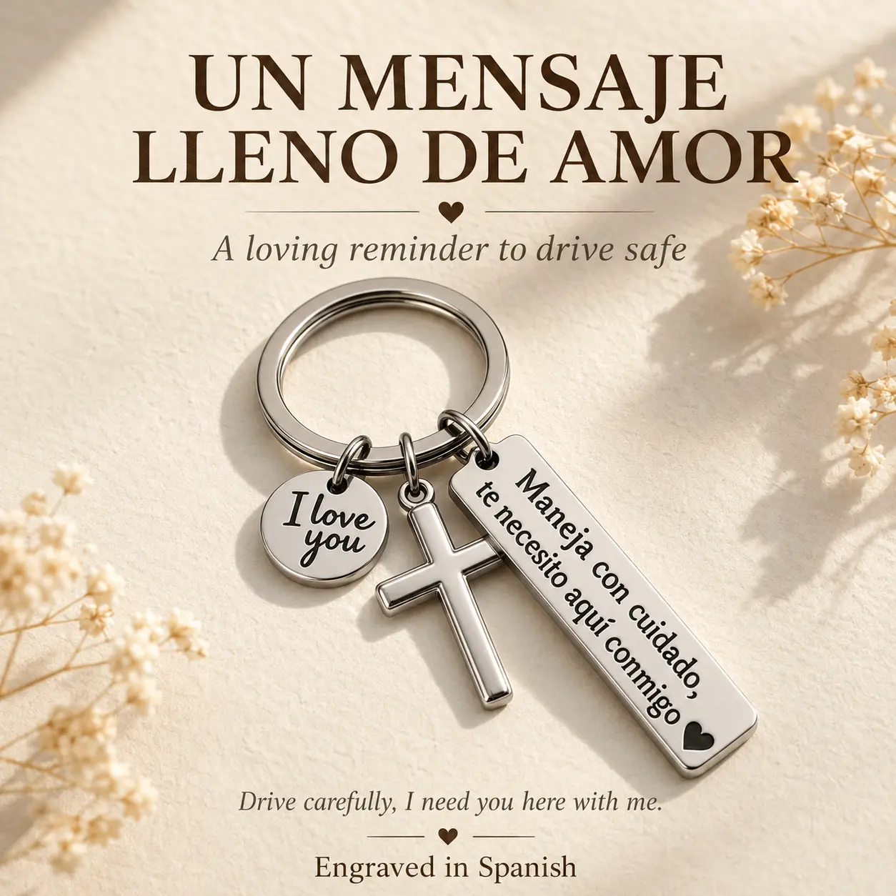Maneja Con Cuidado Te Necesito Aquí Conmigo Keychain with Cross & "I Love You" Charm, Spanish Drive Safe Stainless Steel Keyring, Romantic Religious Gift for Him/Her Adjustable Heart Rate Couples Bracelet Set Rotating Retractable Reading Badge Holder